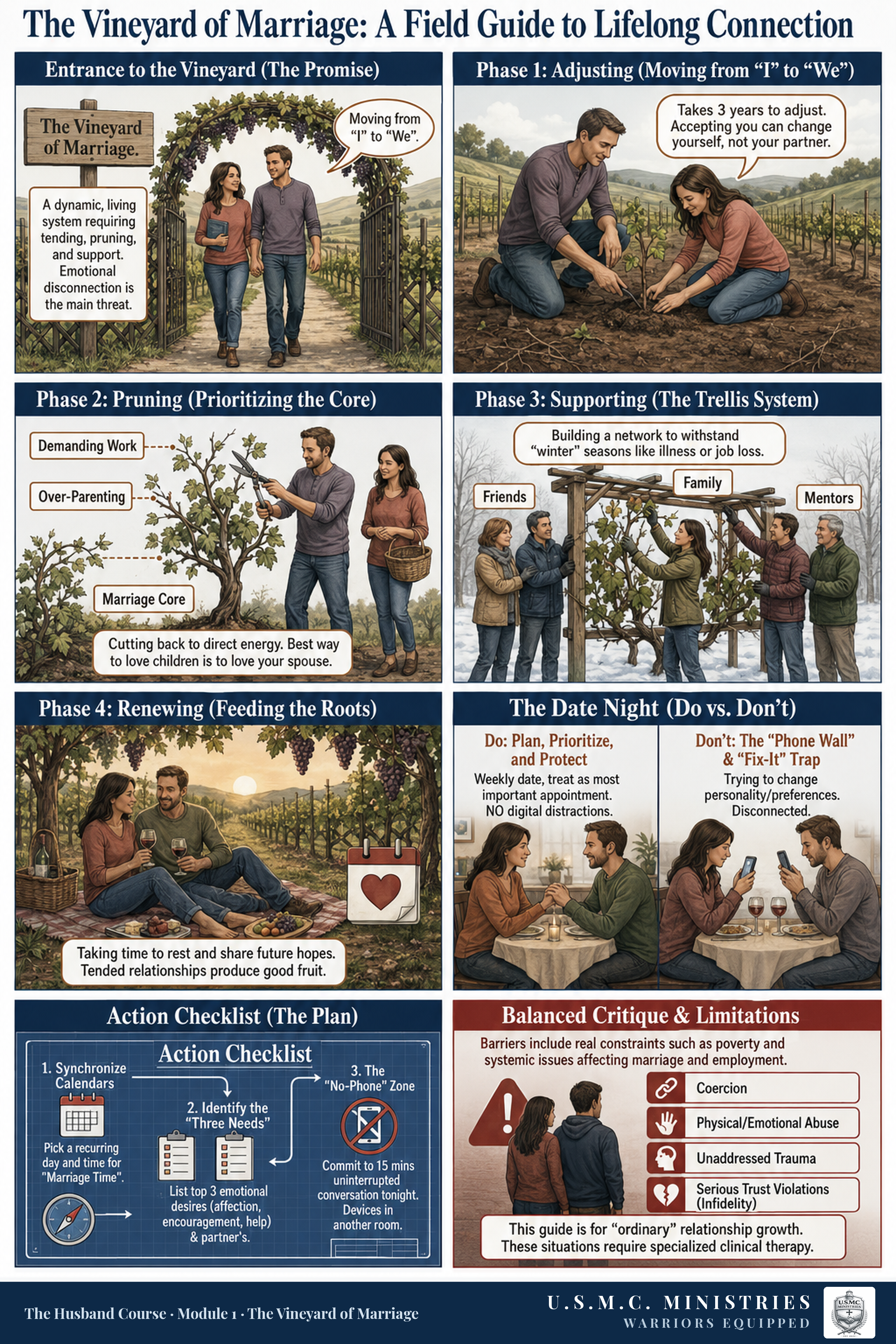 Infographic titled Marriage Vineyard Field Guide illustrating four vineyard tasks for marital maintenance.