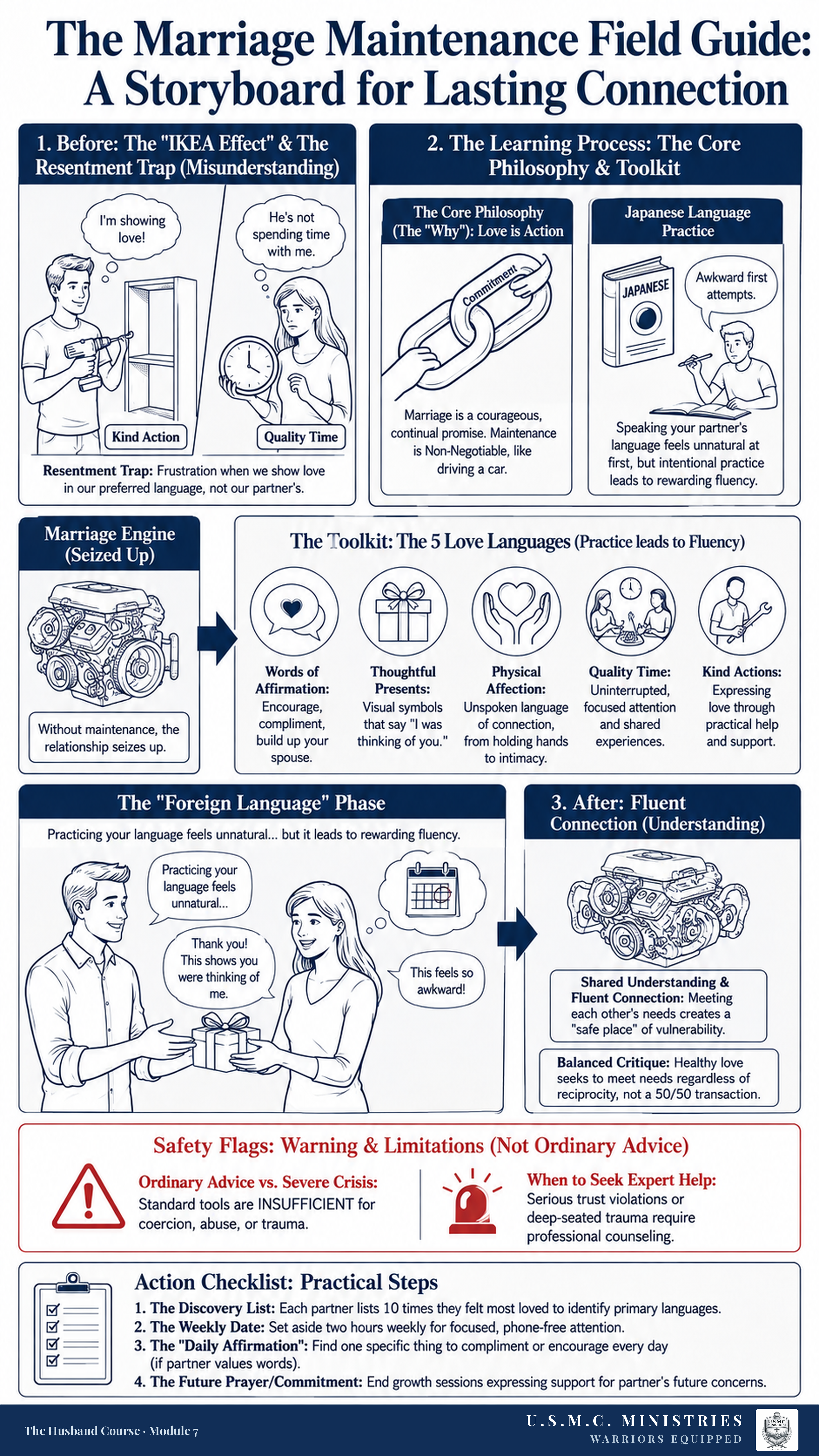 Illustrated storyboard field guide on marriage maintenance, running from the resentment trap of loving in the wrong language, through a learning-process toolkit of five ways to show love, to fluent connection, with a red safety panel and a four-step action checklist.